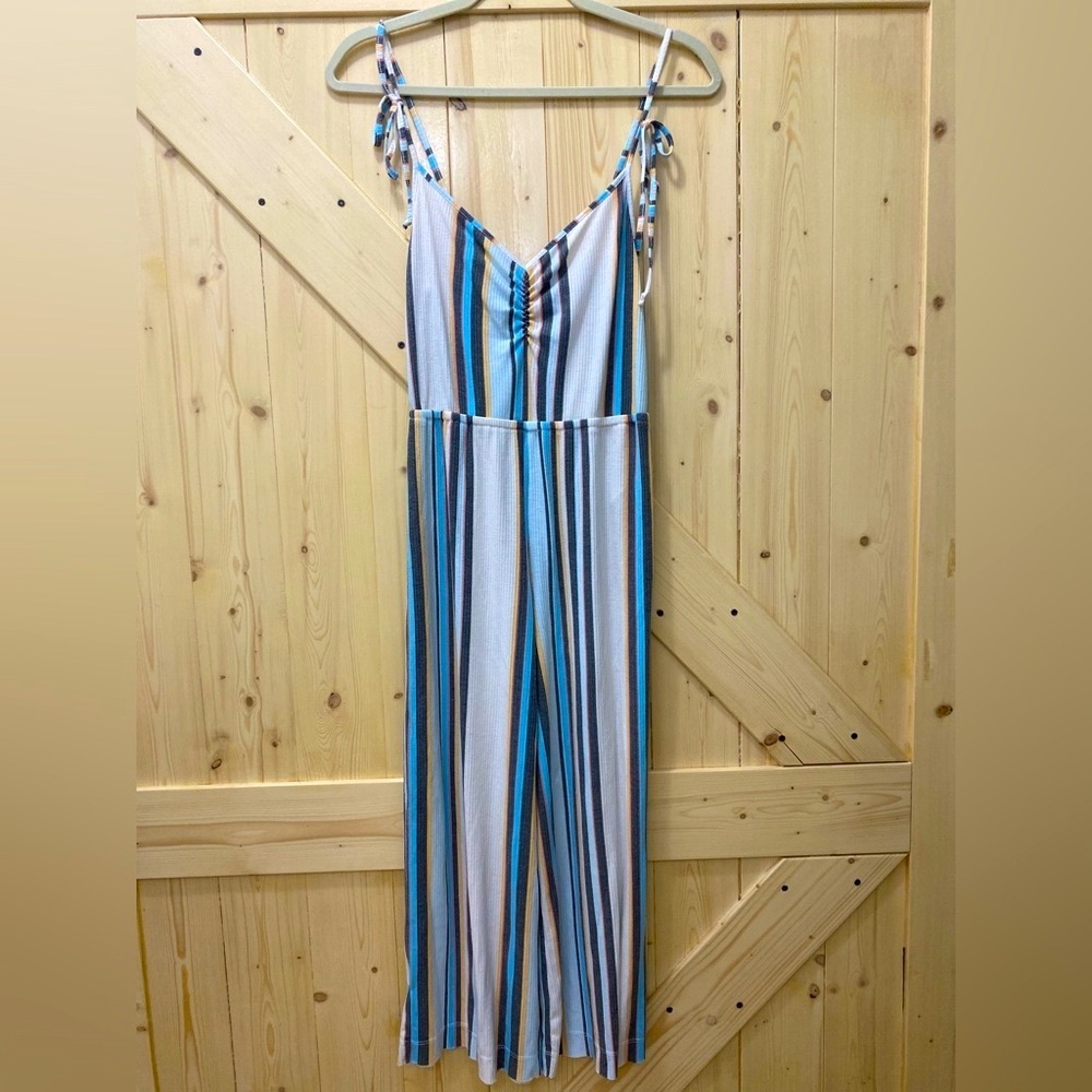 ❤️😎❤️C&V Retro Blue, Yellow, Creamy Striped Adjustable Sleeveless Relaxed Romper